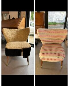 Réfection complète fauteuil style bergère finition clouté tissus fournis par nos soins Amara -7272 crème #artisan #tapissier #fauteuil #louvres #valdoise