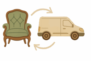 Illustration d’un fauteuil ancien et d’une camionnette symbolisant le service de retrait et livraison de meubles proposé par Tapissier L’Euro.
